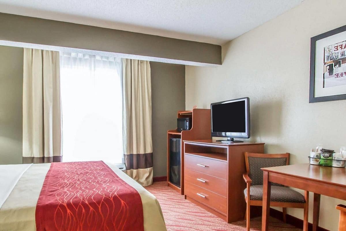 A hotel room with a bed, a desk, a chair, a television, and a window with curtains.