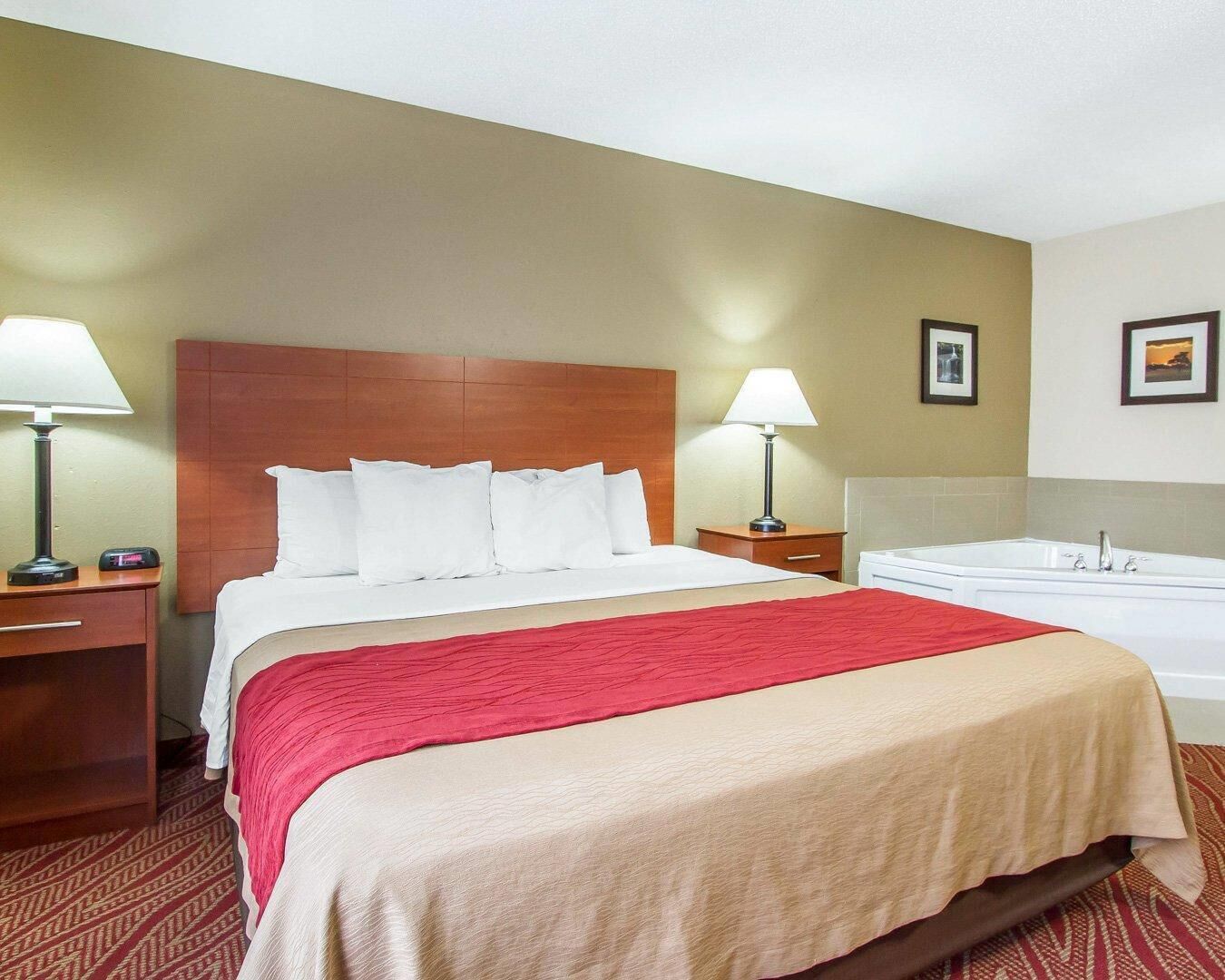A hotel room with a bed, two bedside tables, a red throw blanket, a white bathtub, and a wall-mounted picture.