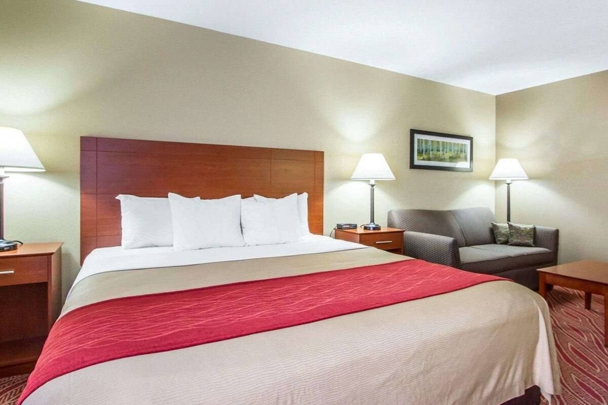 A hotel room with a large bed, two bedside tables, a chair, and a wall-mounted picture.