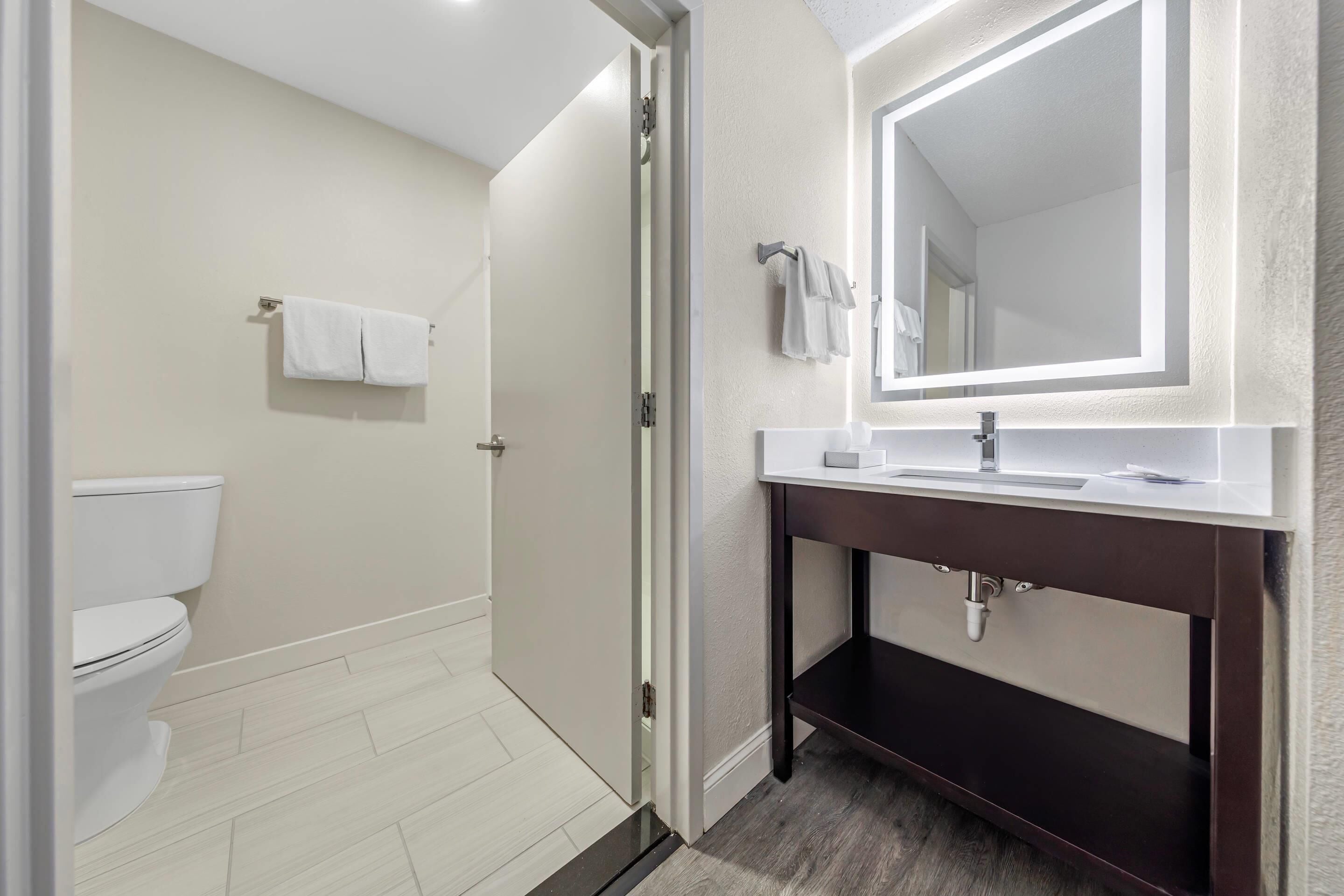 Un baño con inodoro, ducha, lavabo y espejo.