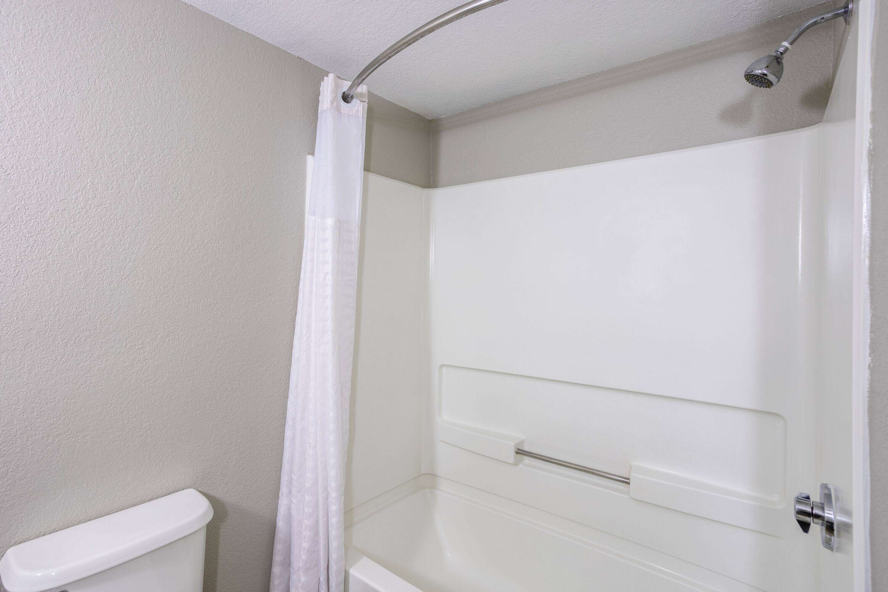 A bathroom with a shower, toilet, and a white bathtub.