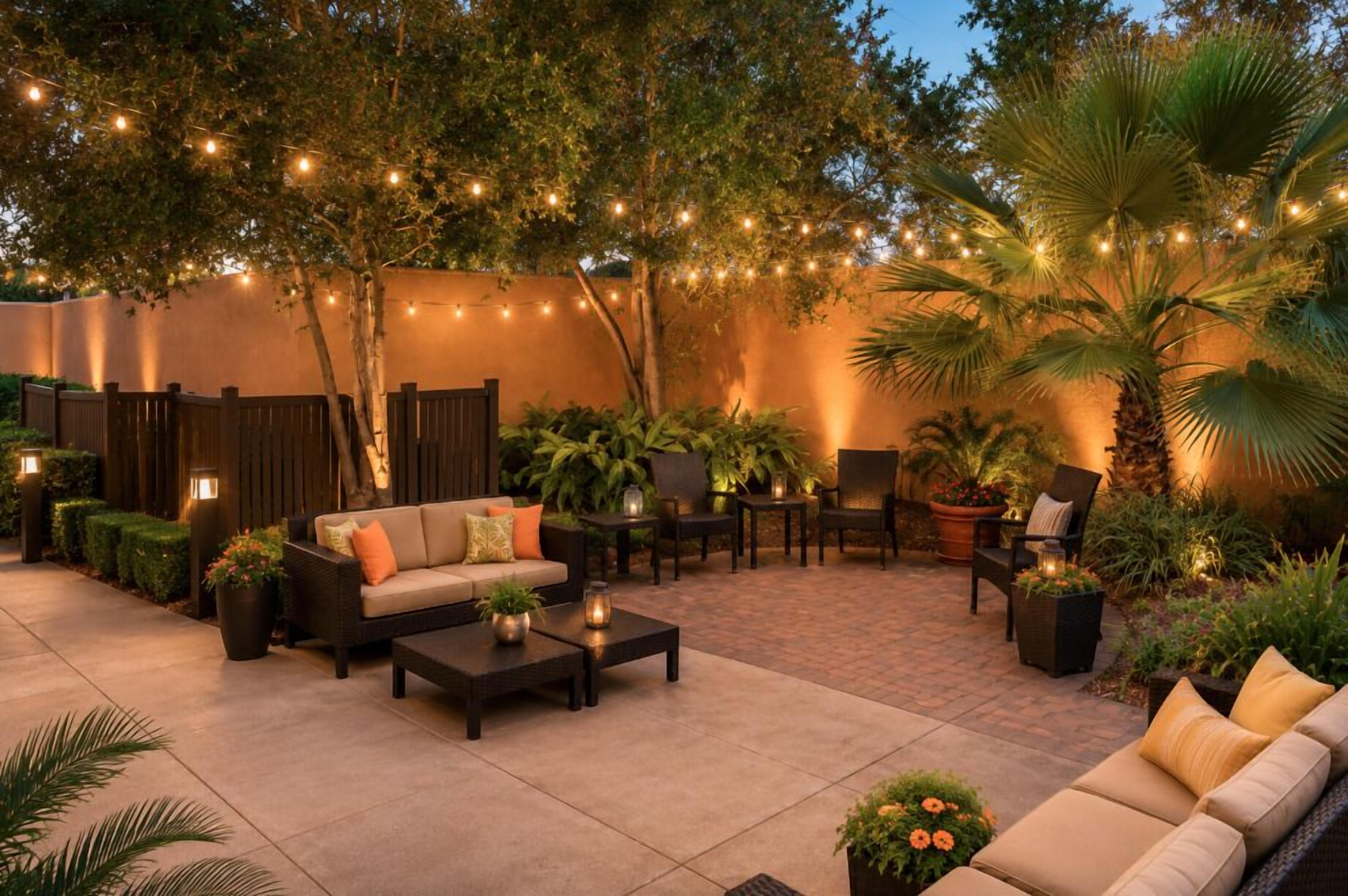 An outdoor patio area with a sofa, chairs, and tables, surrounded by plants and string lights.