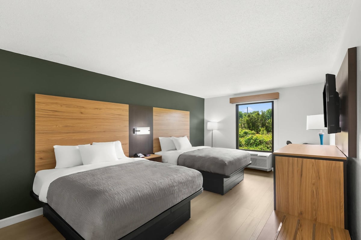 A hotel room with two beds, a desk, a TV, and a window with a view of greenery.