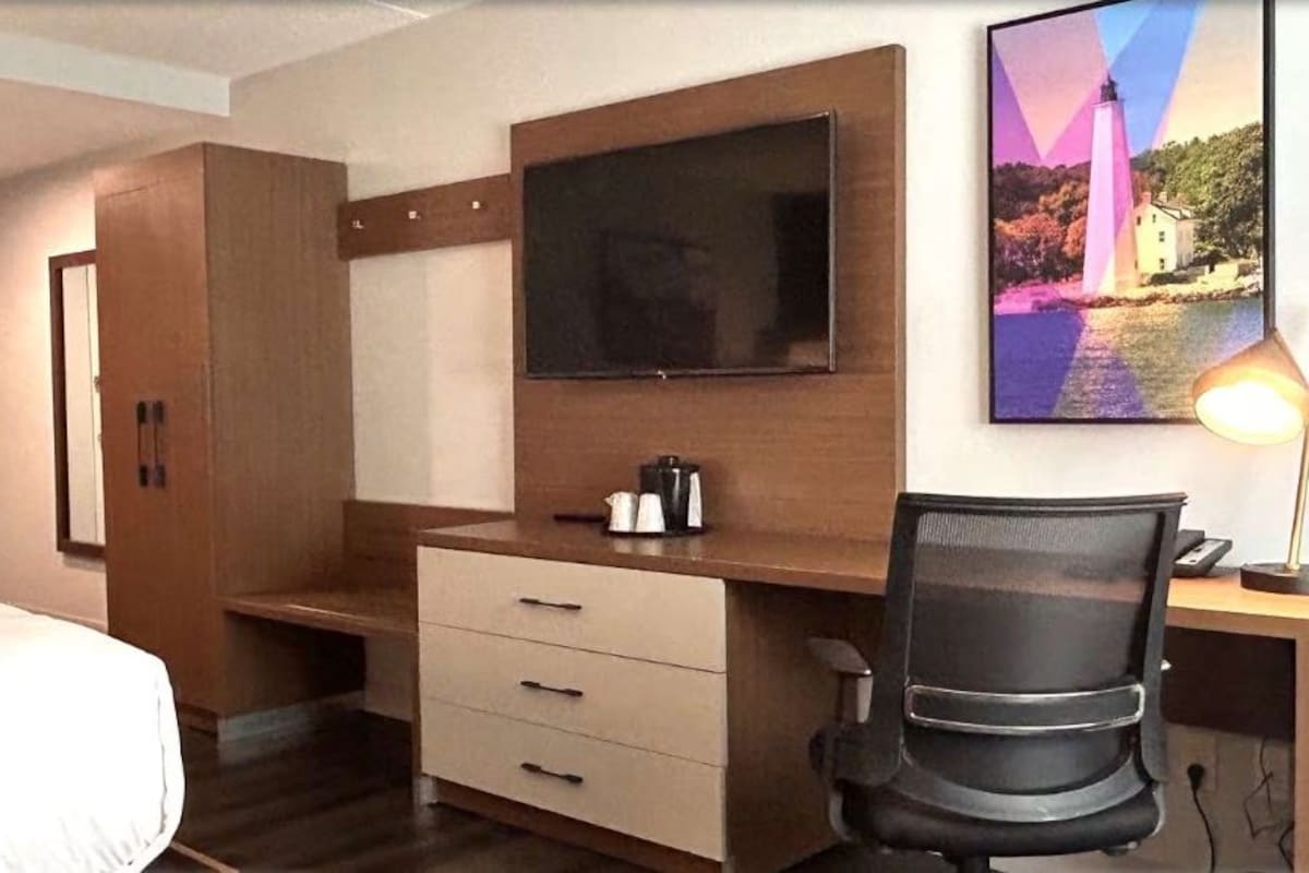 Una habitación de hotel con cama, escritorio, silla, televisión, un cuadro y una lámpara.