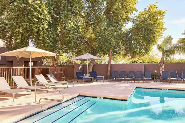 A swimming pool with lounge chairs and umbrellas, surrounded by trees. - Courtyard by Marriott Scottsdale North (Phoenix)