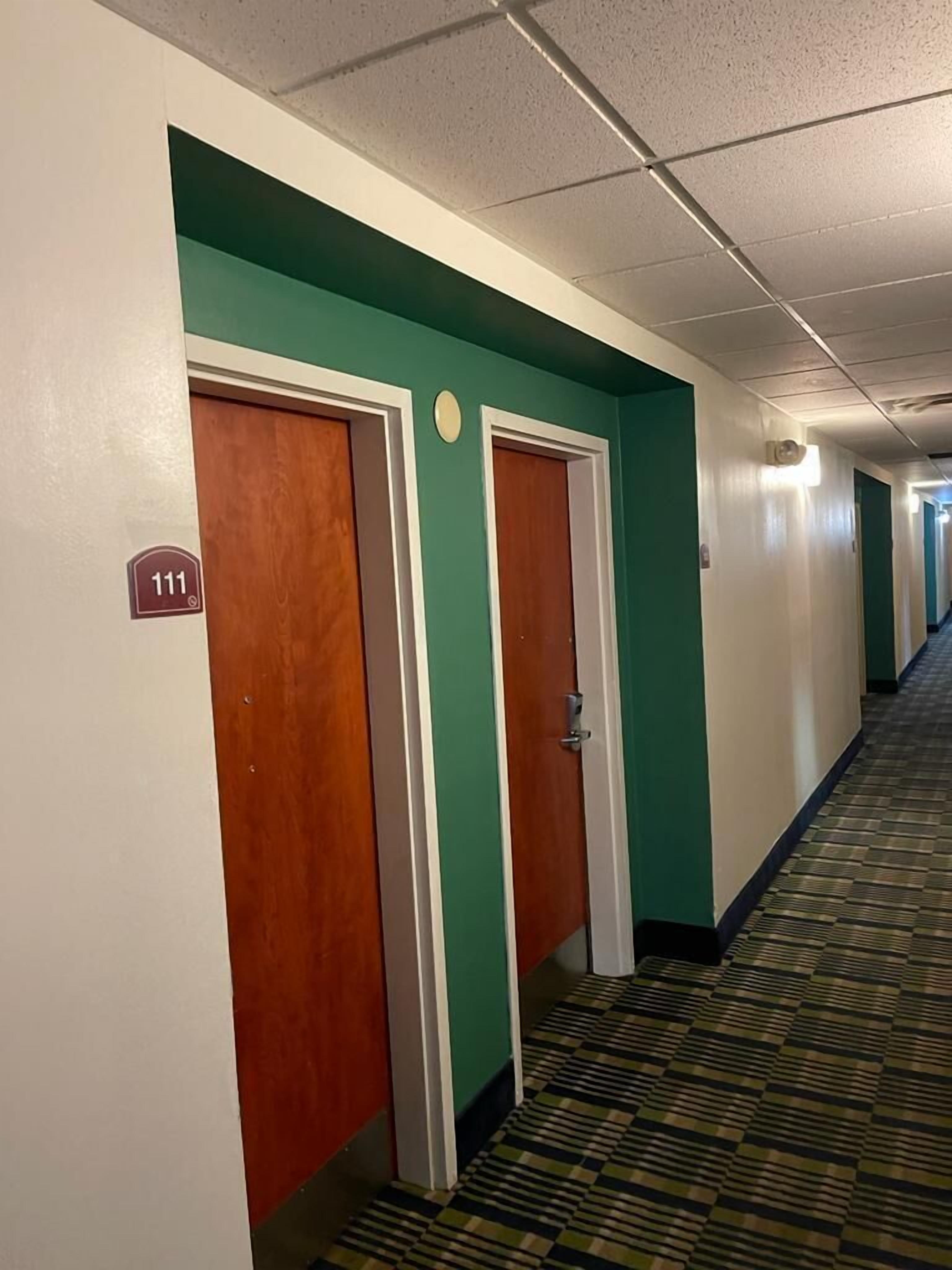 A hotel hallway with teal walls, wooden doors, and a patterned carpet.