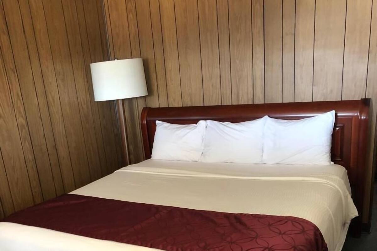 A hotel room with a wooden paneled wall, a bed with white linens and a maroon throw, and a bedside lamp.