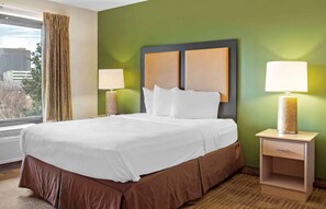 Pillow-top beds, desk, laptop workspace, blackout curtains