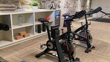 A home gym with stationary bikes, a treadmill, and exercise equipment.