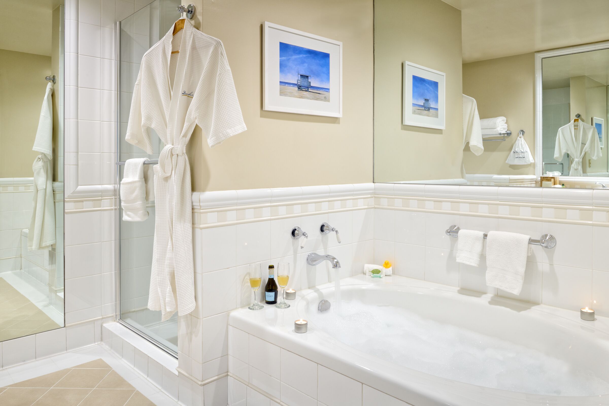 separate bathtub and shower, deep-soaking bathtub, free toiletries