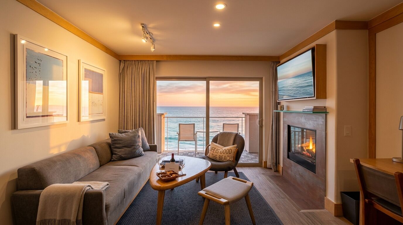 A modern living room with a sofa, a small table, a chair, a fireplace, and a large window with a view of the ocean.