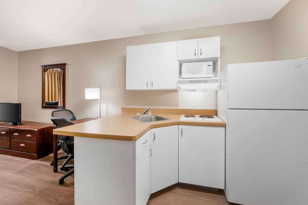 fridge, microwave, stovetop, coffee/tea maker