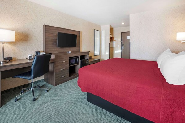 Una habitación de hotel con cama, escritorio, silla, televisor y microondas.