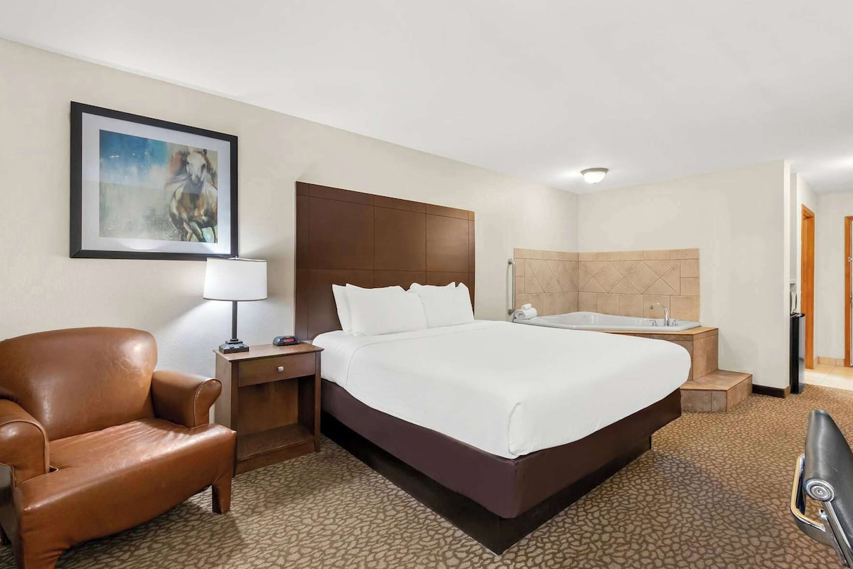 Une chambre d’hôtel comprenant un lit, une chaise, une table de chevet, une lampe, un tableau et une salle de bain avec une baignoire.