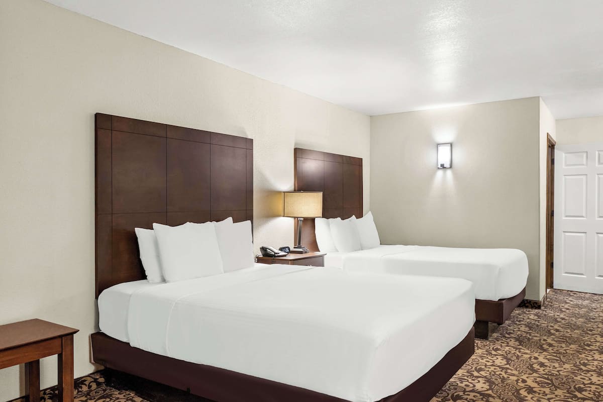 A hotel room with two beds, a bedside table, a lamp, and a door.