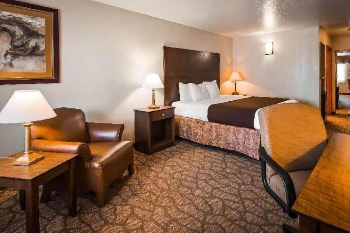A hotel room with a bed, two bedside tables with lamps, a leather armchair, a wooden desk, and a television.