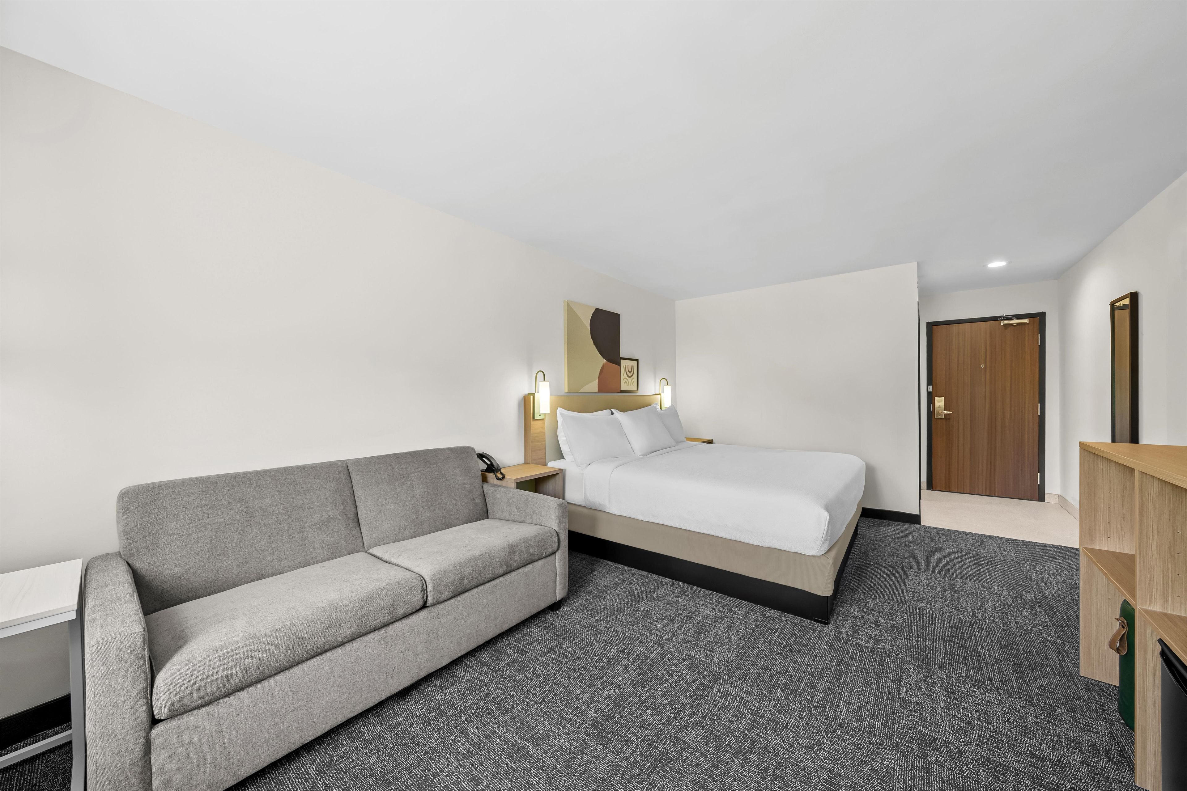 A hotel room with a bed, a sofa, a desk, a nightstand, and a door.