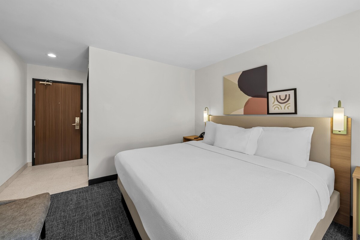 Une chambre d’hôtel avec un lit, une table de chevet, une lampe fixée au mur, une porte et une petite plante.