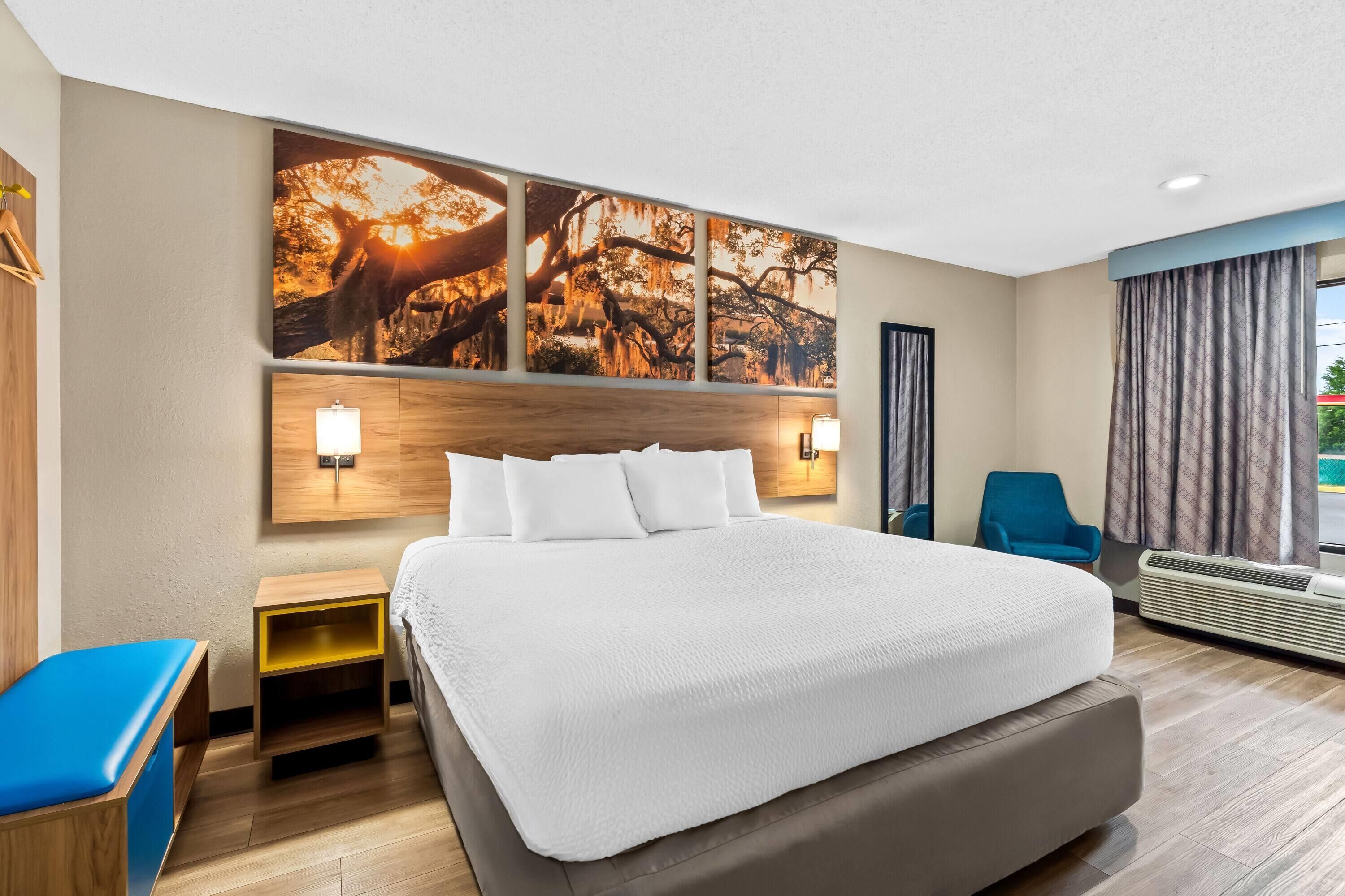 Habitación de hotel con una cama grande, un escritorio, una silla, una mesita de noche y una obra de arte colgada en la pared.
