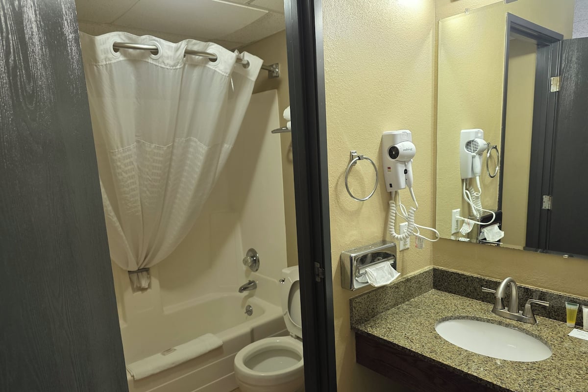 Un bagno con vasca, servizi igienici e lavandino. Sono presenti asciugacapelli e un porta asciugamani a parete.