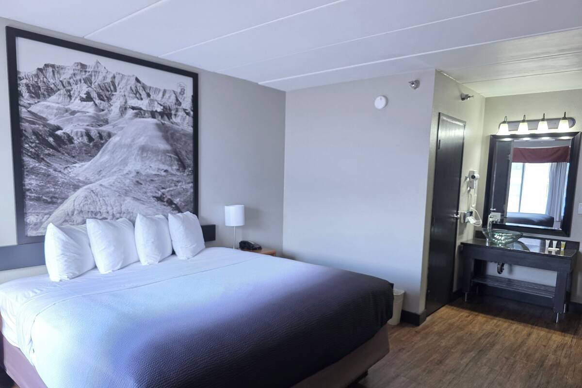 Una camera d'albergo con un letto grande, un comodino con una lampada, un bagno con uno specchio e un quadro appeso alla parete.