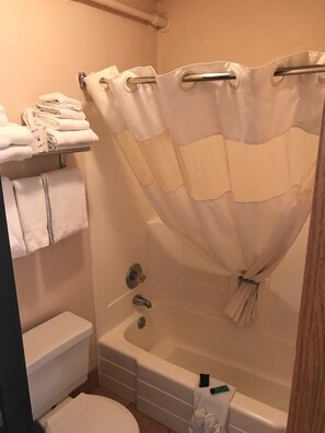 Combined shower/bathtub, free toiletries, hair dryer, towels