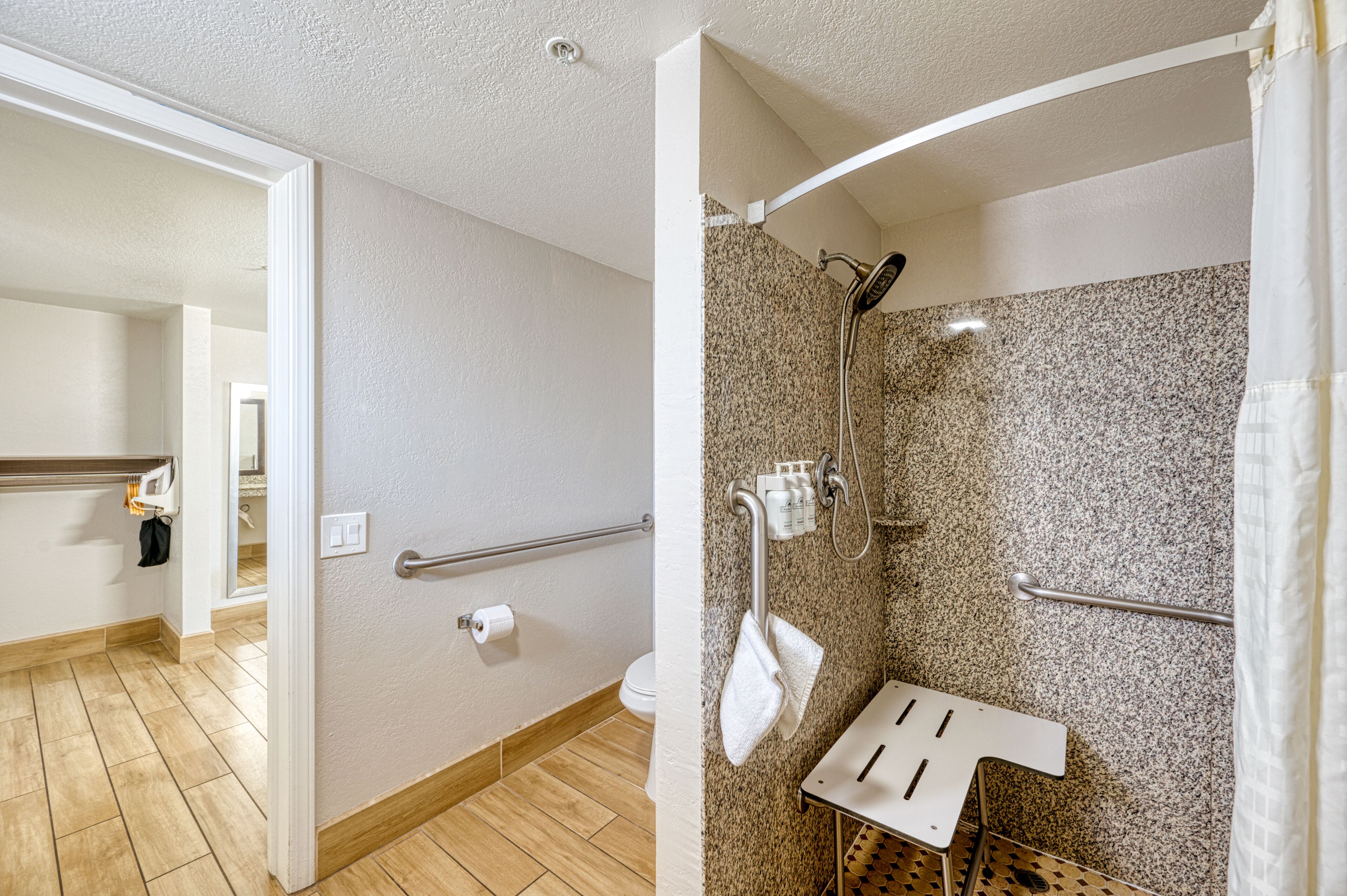 A bathroom with a shower, toilet, and a handrail.