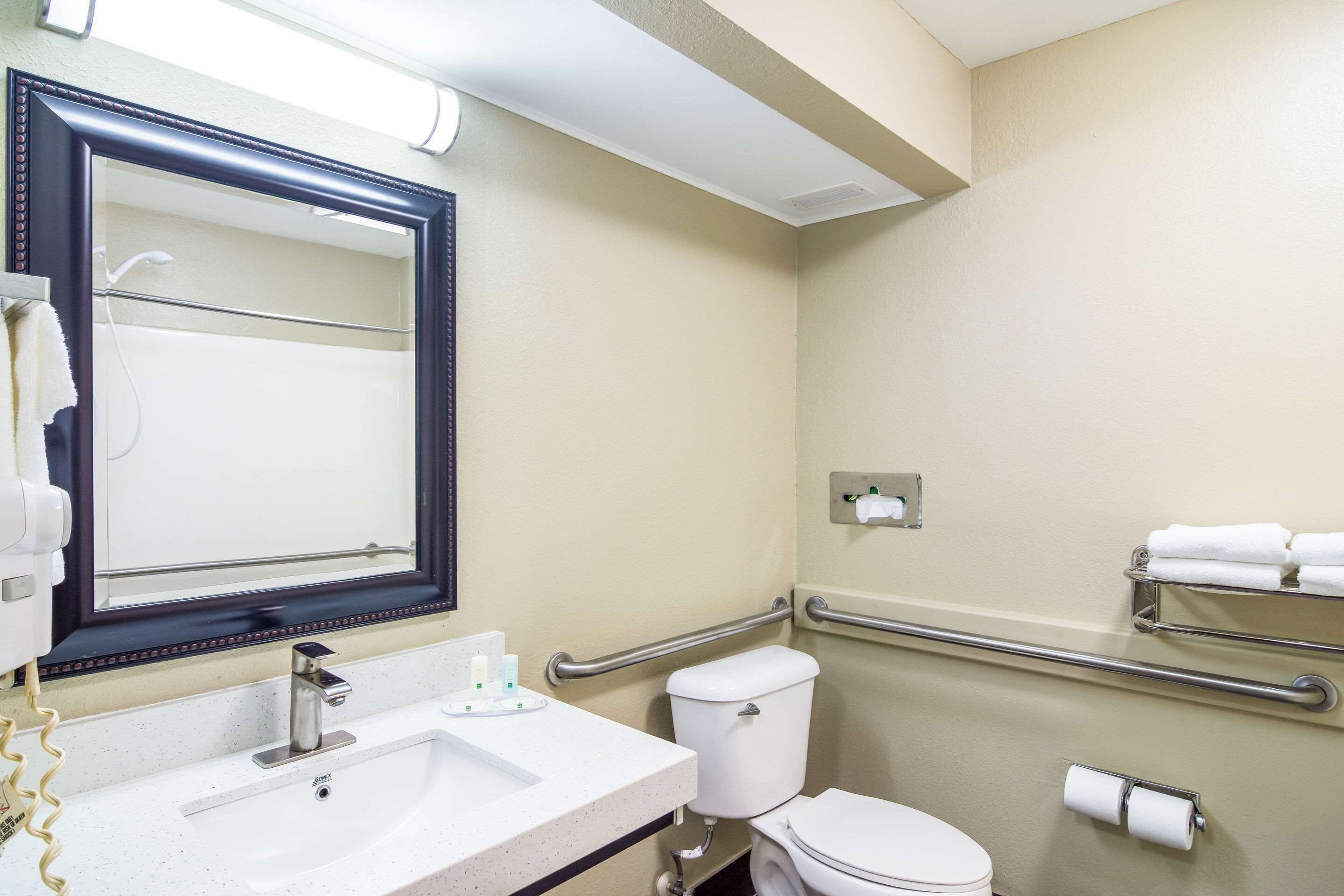 A bathroom with a sink, mirror, toilet, and handrails.