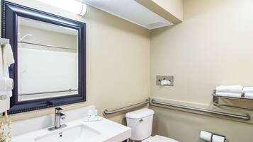 A bathroom with a sink, mirror, toilet, and handrails.