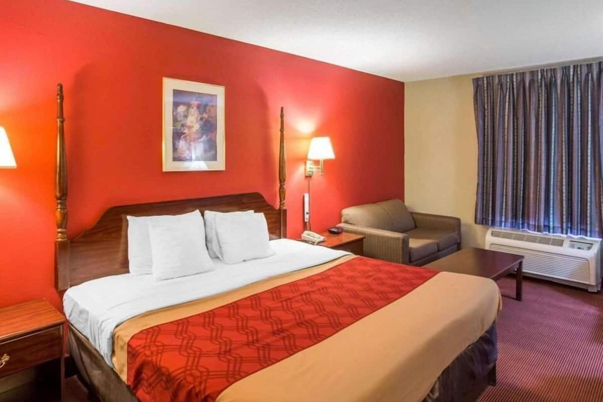 Quarto de hotel com cama, cadeira, escrivaninha, luminária e um quadro na parede.
