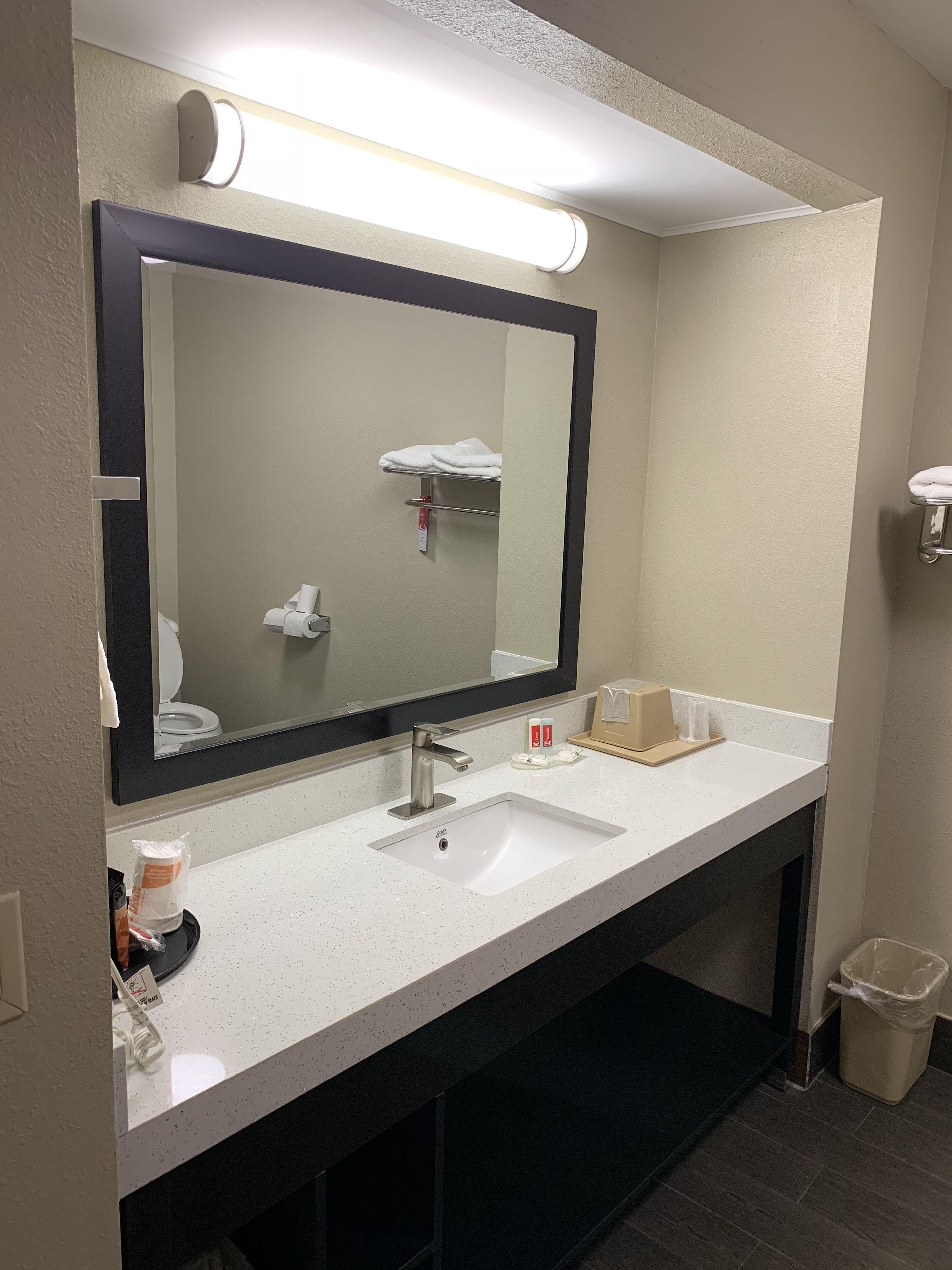 A hotel bathroom with a large mirror, a sink, and a trash bin.