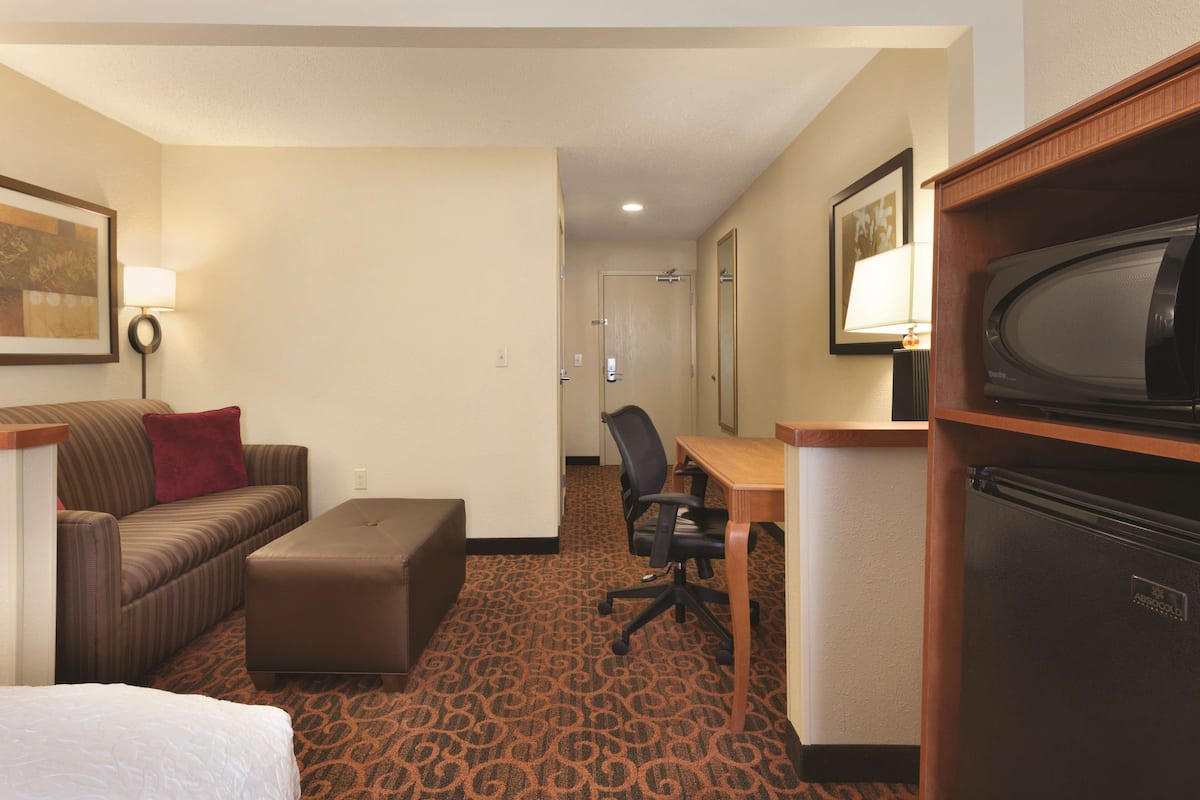 A hotel room with a bed, a sofa, a desk, a chair, and a refrigerator.