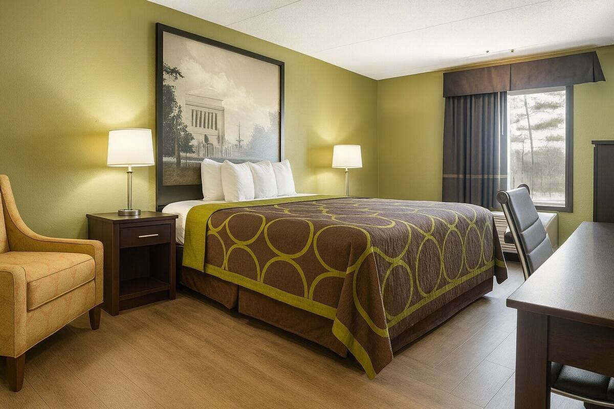 A hotel room with a bed, two bedside tables with lamps, a chair, a desk, and a large window with curtains.
