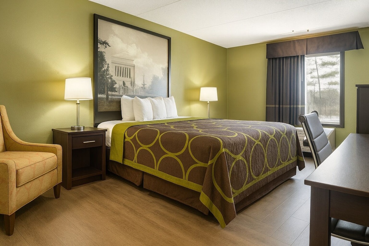 1 bedroom, desk, blackout curtains, iron/ironing board