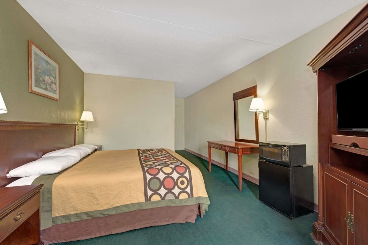 A hotel room with a bed, a desk, a television, a mirror, and a refrigerator.