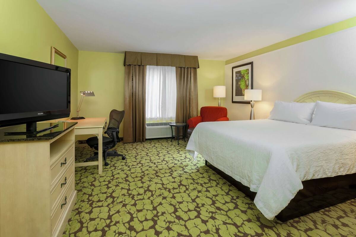 A hotel room with a bed, a desk with a television, a chair, a red chair, a lamp, and a picture on the wall.