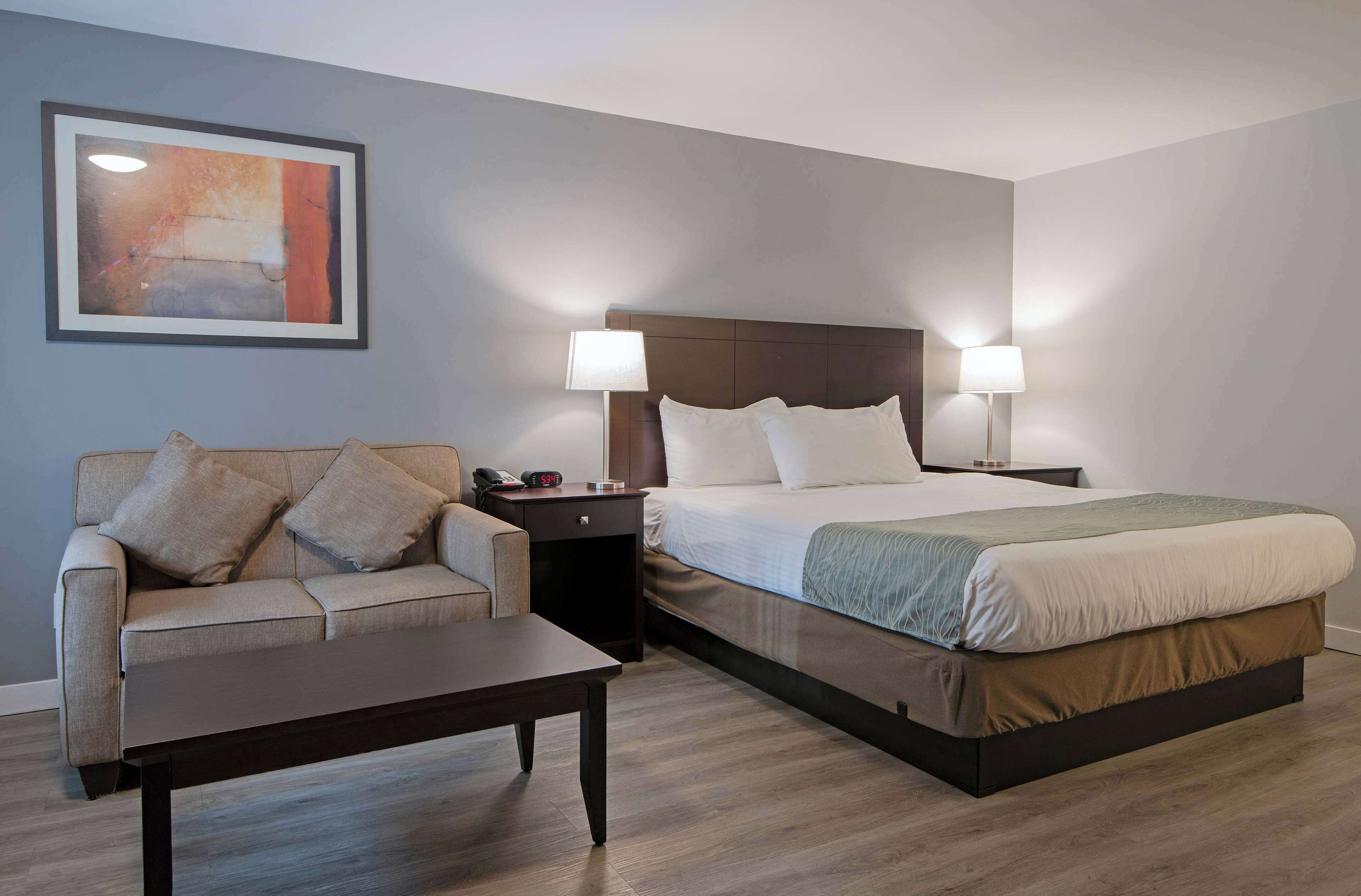 A hotel room with a bed, a sofa, a nightstand, and a table.