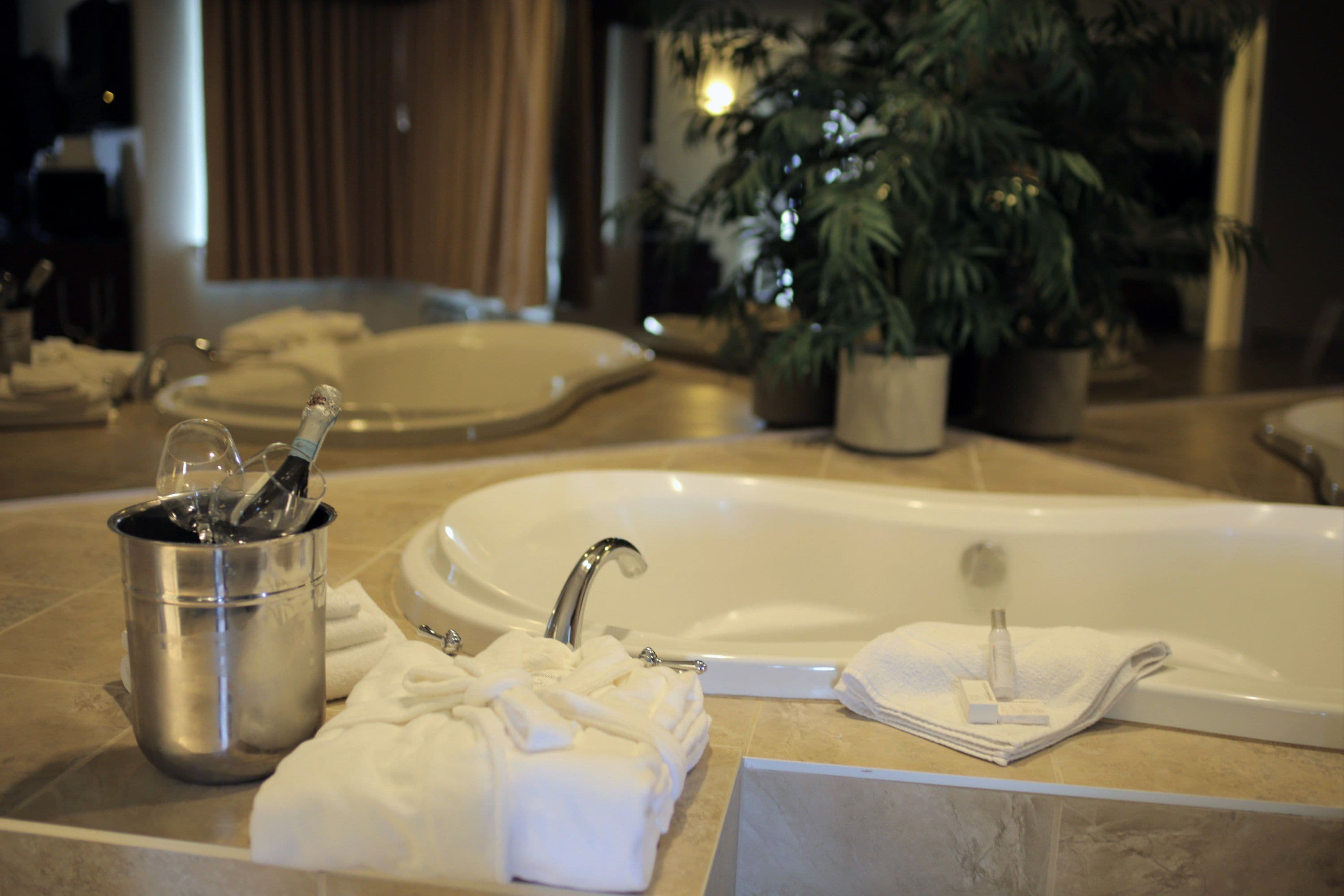 A bathroom with a bathtub, a sink, and a potted plant.