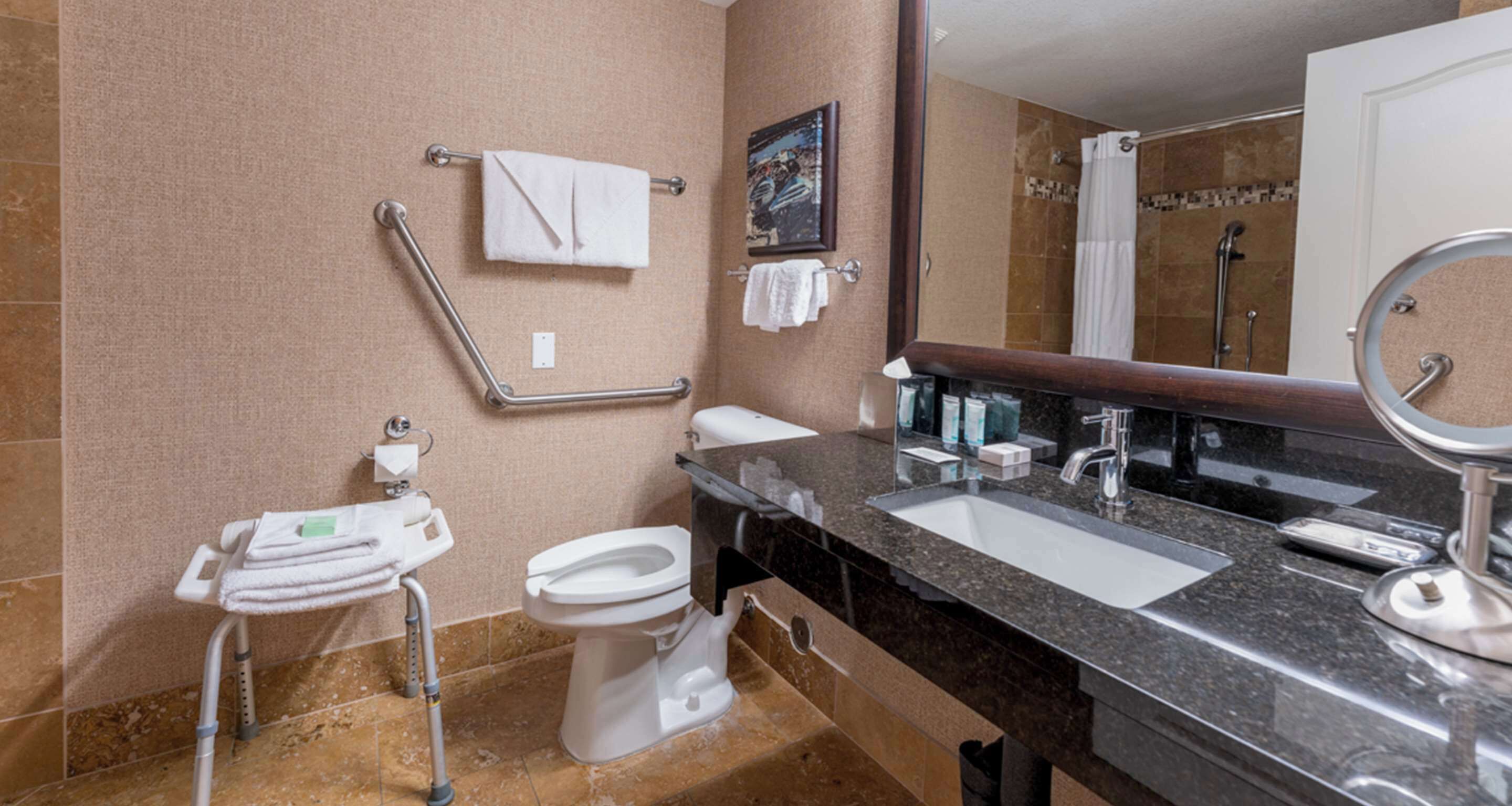 A bathroom with a toilet, sink, and handrails.