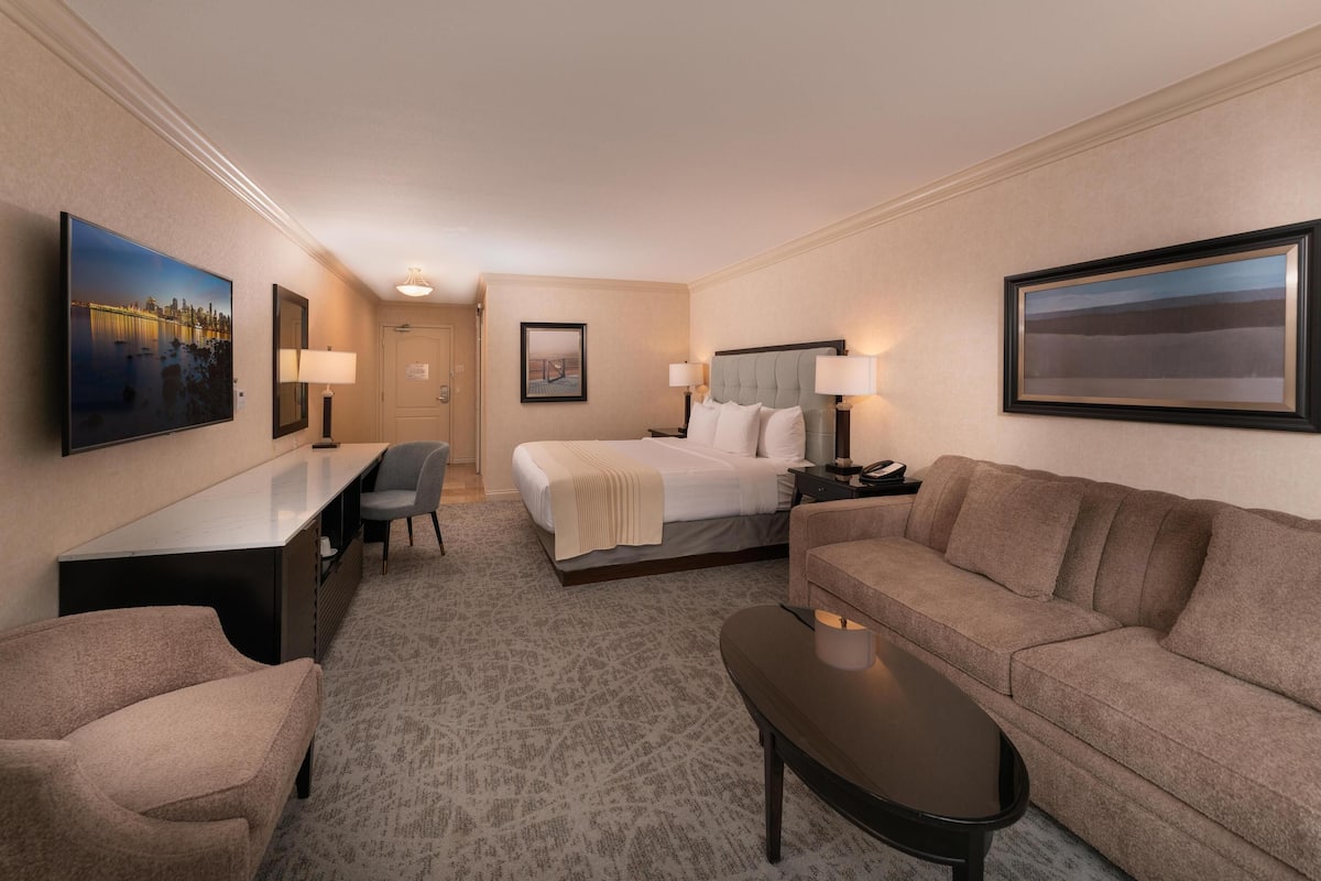 Quarto de hotel com cama, sofá, escrivaninha e cadeira.