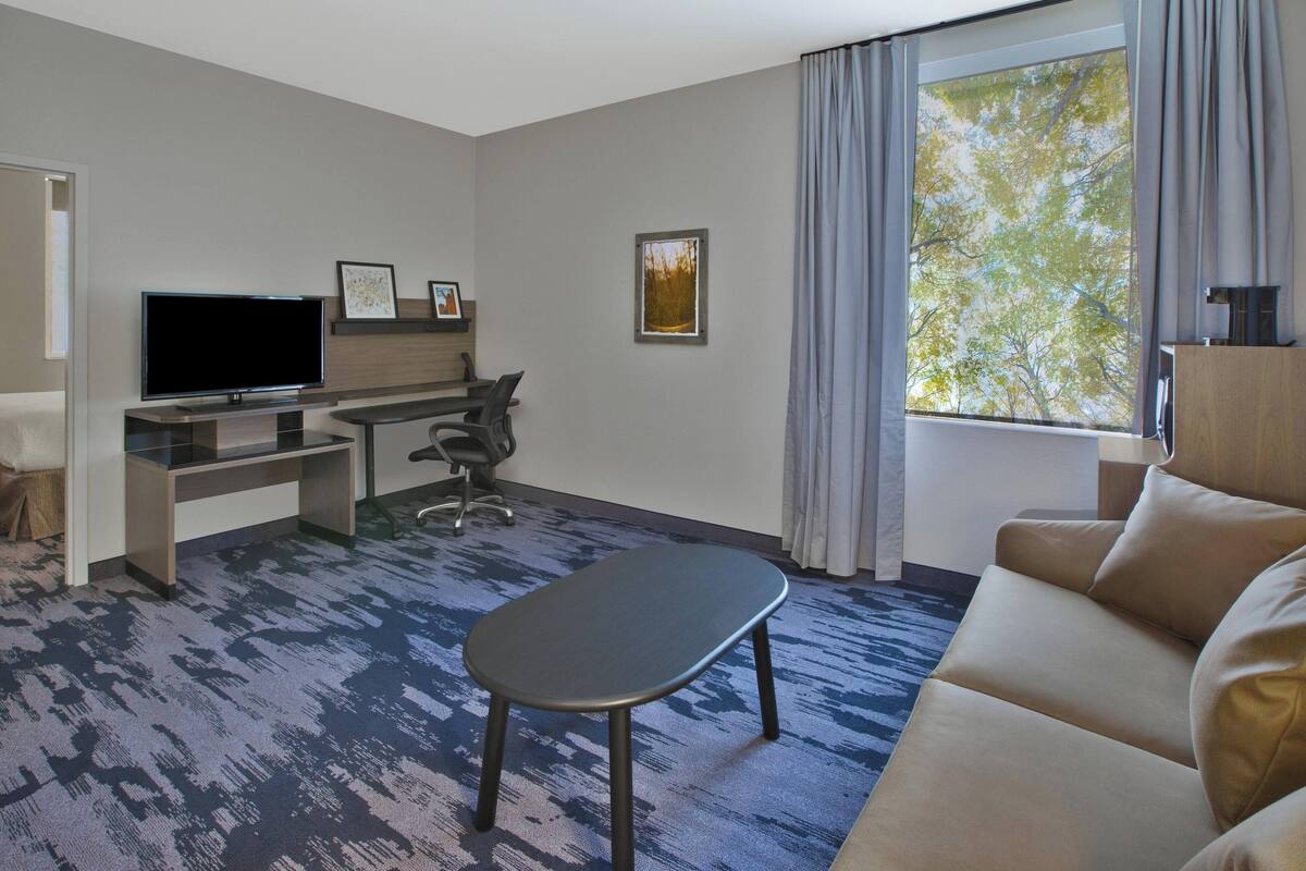 Une chambre d’hôtel équipée d’une télévision à écran plat, d’un bureau, d’une chaise, d’un canapé et d’une fenêtre donnant sur la verdure.