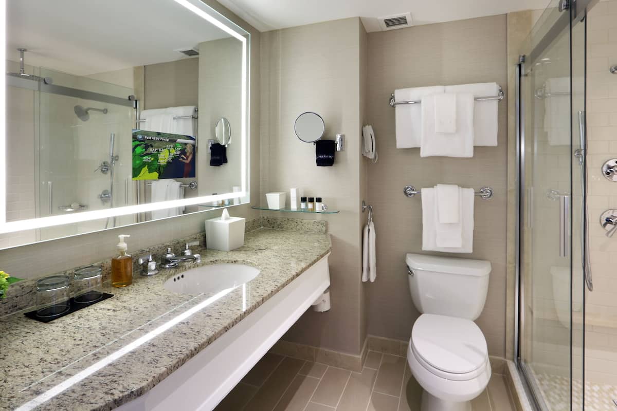 eco-friendly toiletries, hair dryer, bathrobes, towels