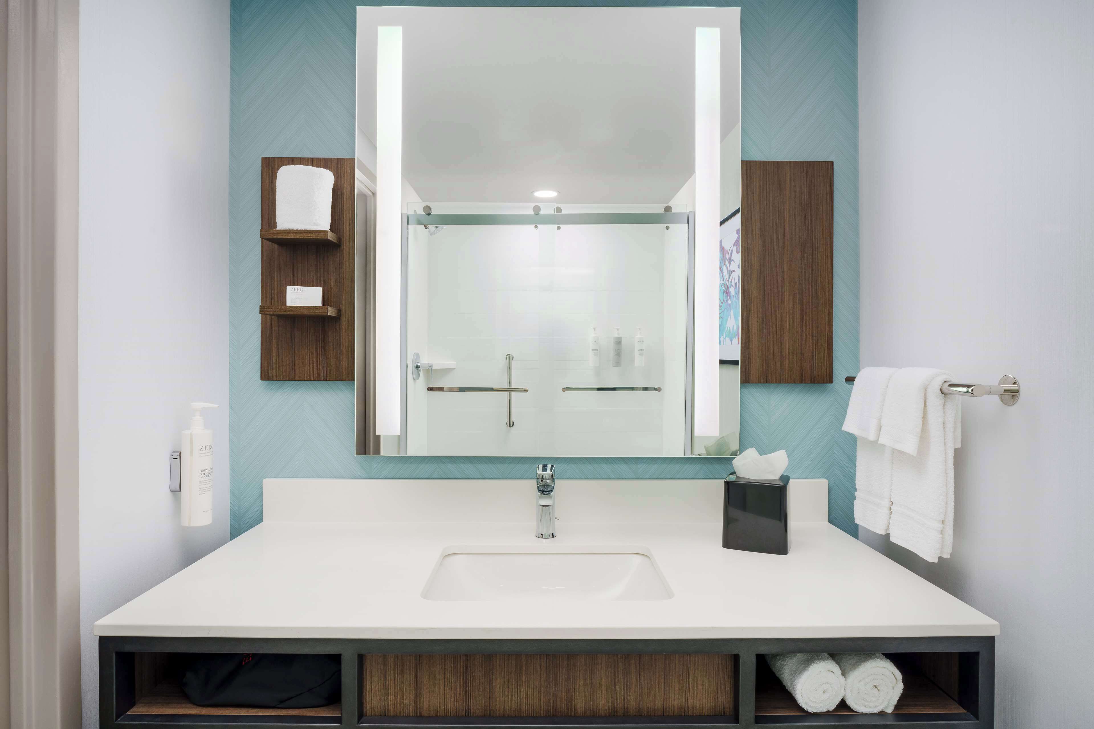 combined shower/bathtub, free toiletries, hair dryer, towels