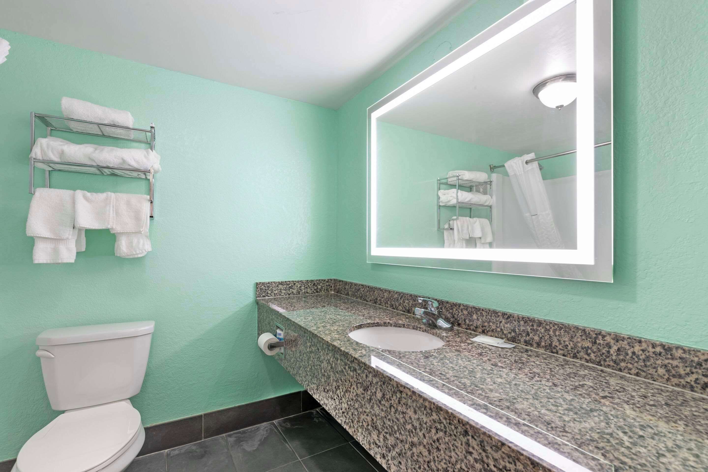 Un baño con inodoro blanco, lavamanos de granito y un espejo.