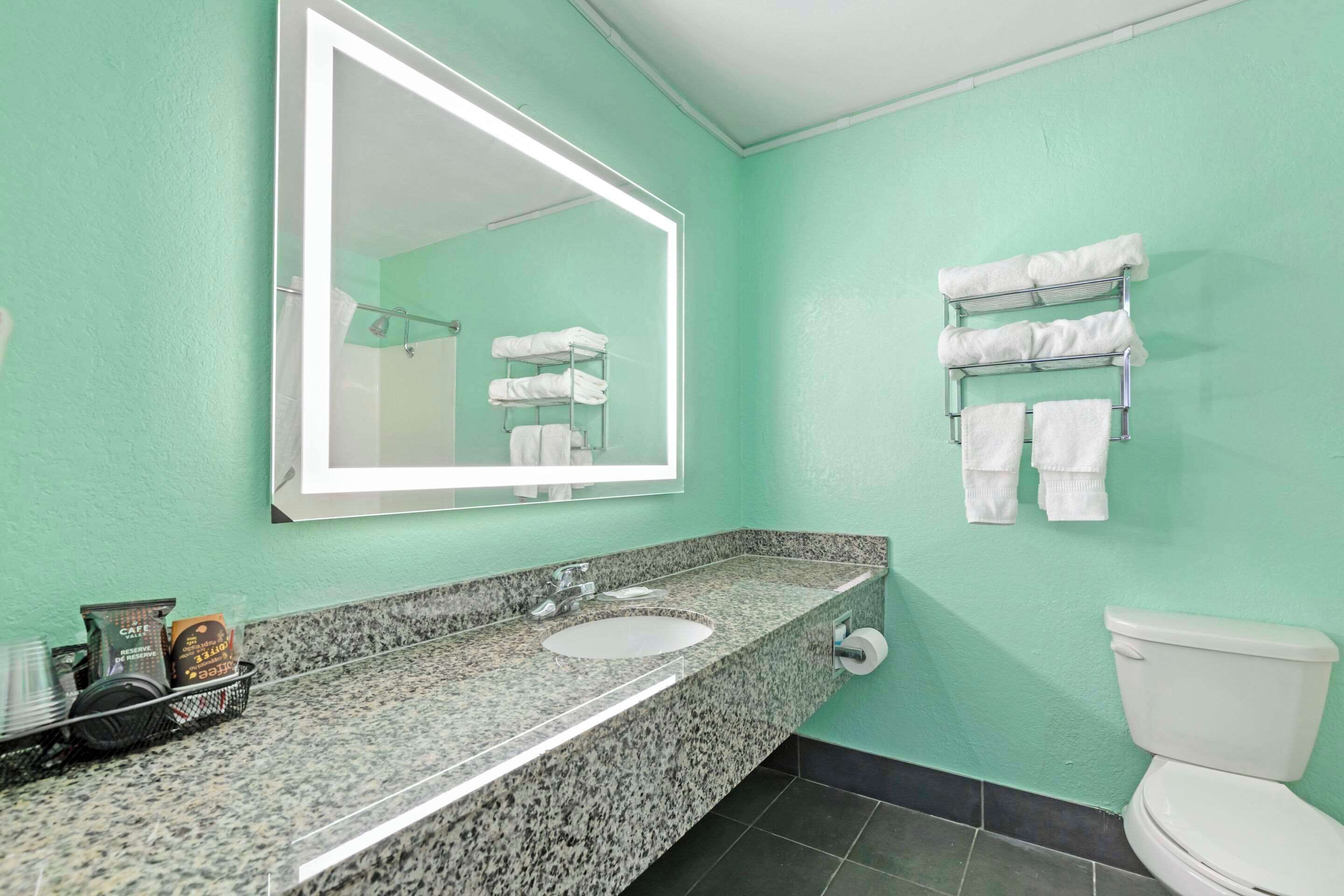 Un bagno con un lavandino in granito, un WC bianco e un portasciugamani con asciugamani bianchi.