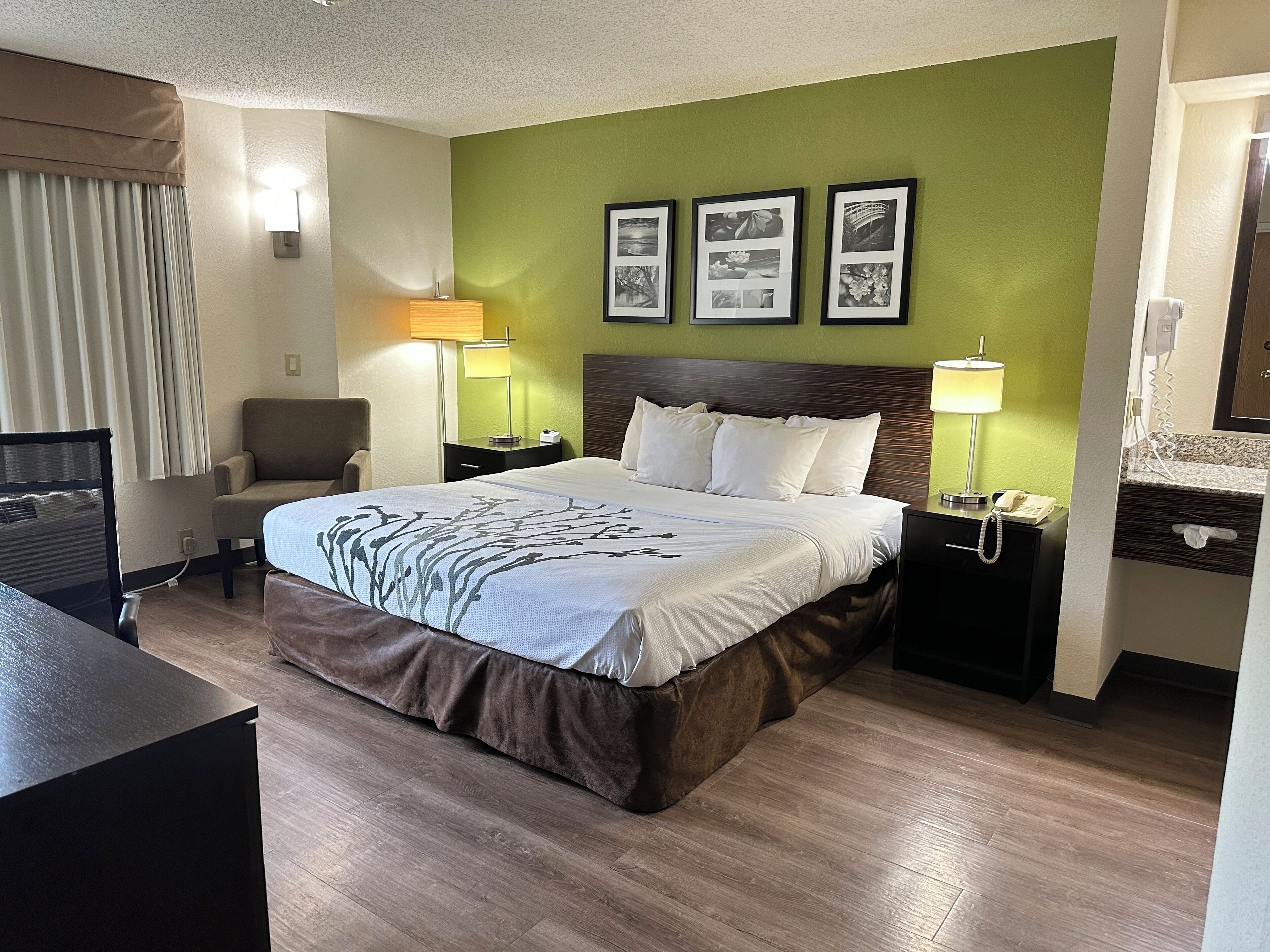 Une chambre d’hôtel avec un grand lit, deux tables de chevet avec des lampes, un bureau, une chaise et un mur d’accent vert.