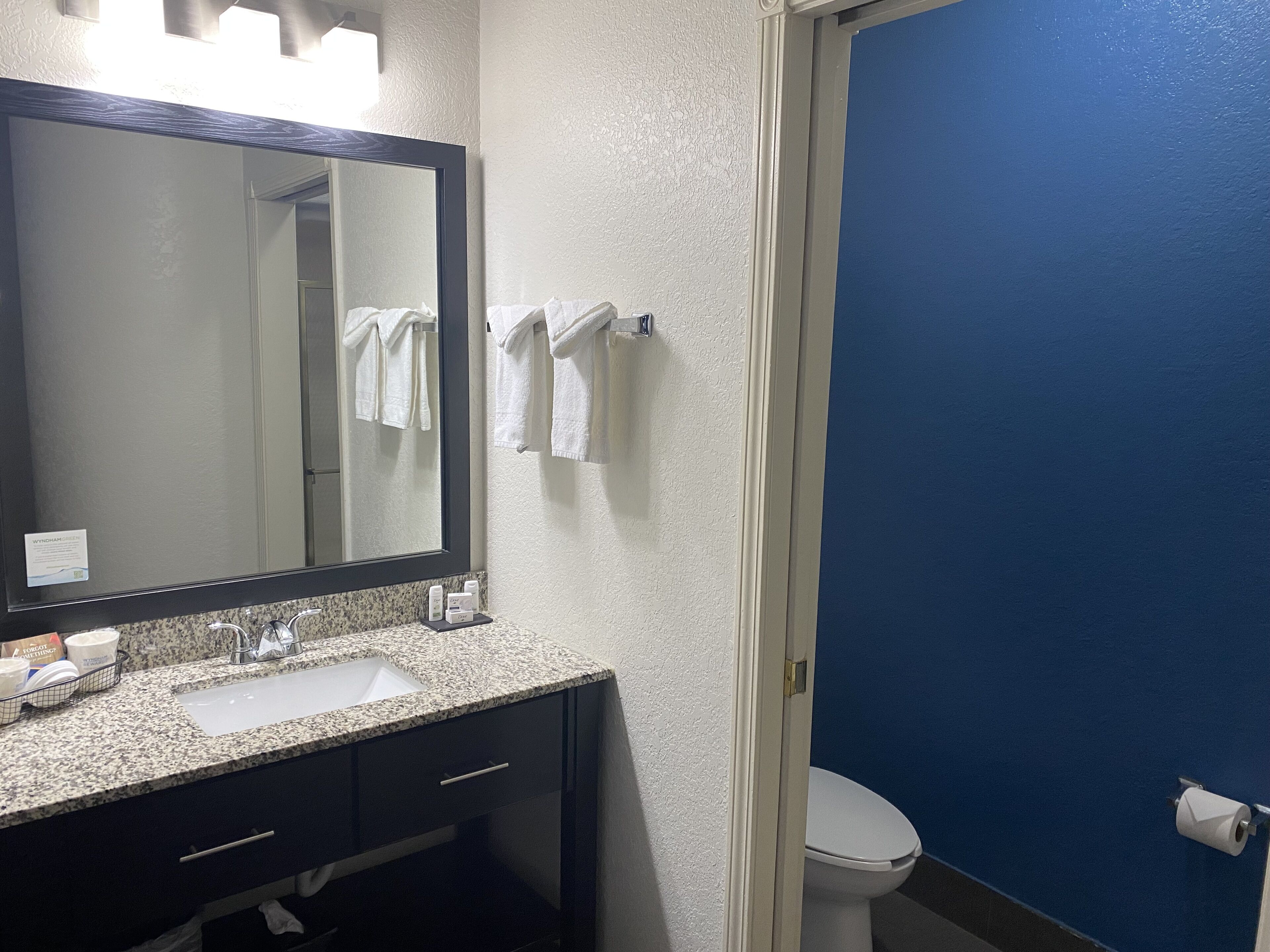 free toiletries, hair dryer, towels