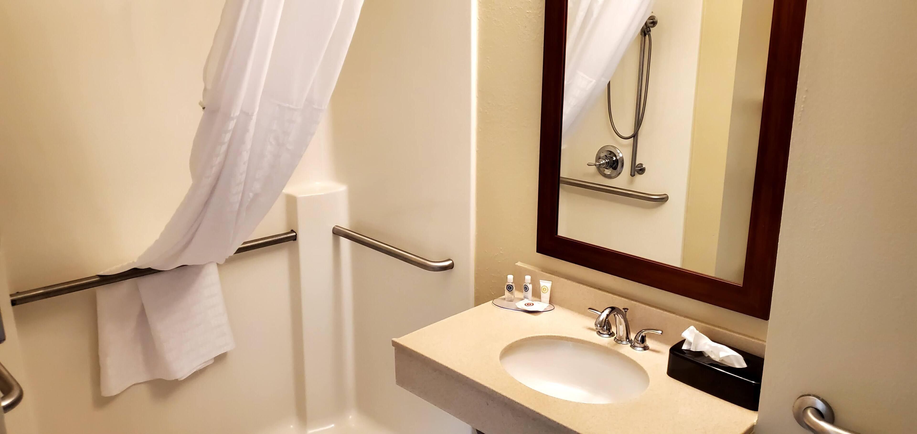 A bathroom with a white sink, a mirror, and a shower area.
