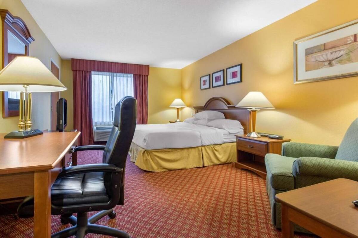 A hotel room with a bed, desk, chair, and a television.
