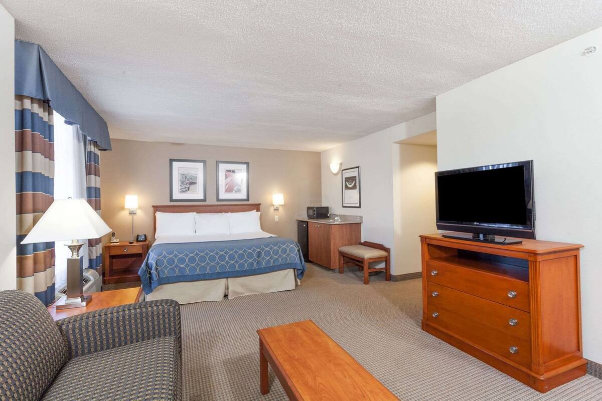 Une chambre d’hôtel équipée d’un lit, d’un bureau, d’une télévision, d’une chaise et d’un canapé.